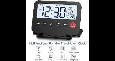 Verbeterde digitale reiswekker, LCD-scherm met knop voor datum en temperatuur, snoozefunctie en 6 seconden achtergrondverlichting, werkt op batterijen voor thuis en op kantoor, zwart (batterijen niet inbegrepen)