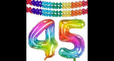 Folat Verjaardag Leeftijd folieballon - 45 jaar - multi kleuren - 86 cm - cijferballon groot - incl 2x feestslingers