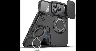 Hoesje Geschikt voor iPhone 17 Pro hoesje Zwart - Shock Hybrid Armor Hoes met Kickstand Ring en Camera Bescherming - Geschikt voor MagSafe