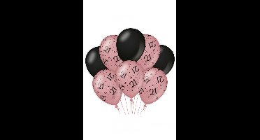 Ballon 21 roze zwart 30 cm, per 8 stuks