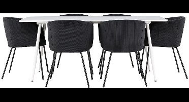 Silar eethoek tafel 90x180cm en 6 fluwelen stoelen met armleuningen wit.