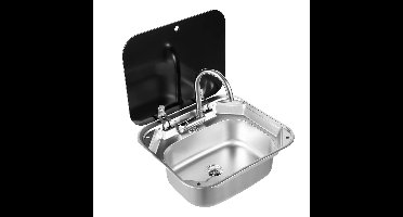 Campingwasbak – Opbouw Spoelbak – Inbouw Wastafel – Mobiele Afwasbak – Buitenkeuken Wasbak – Compact Formaat – RVS Met Glazen Deksel