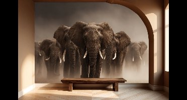 Naadloos behang Fotobehang - Majestic Elephant Herd in Motion - 250x150 centimeter