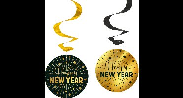 12x Swirls 'Happy New Year' zwart / goud - Golden Celebrations - Verjaardag Feestje Hangdecoratie Versiering Feestdecoratie Decoratie