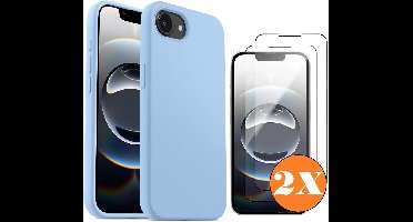 Hoesje geschikt voor iPhone 16e / iPhone 17e Hoesje siliconen Licht Blauw zacht siliconen hoesje TPU - met Screenprotector iPhone 16e / iPhone 17e Gehard Glas - 2 stuks