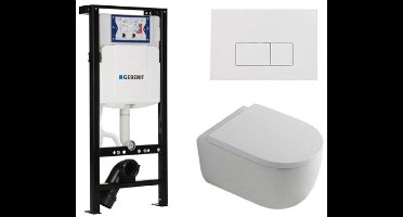QeramiQ Dely Swirl Toiletset - 36.3x51.7cm - Inbouwreservoir met Geberit UP320 spoelmechanisme - 35mm zitting - glans witte bedieningsplaat - rechthoekige knoppen - wit mat