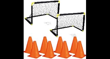 Complete voetbal speelset - van 2 voetbal goals - 55 x 44 x 44 cm - inclusief 8 stuks oranje pionnen