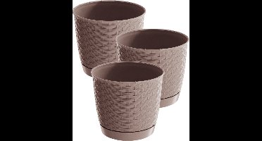 3x stuks ronde gevlochten plantenpotten/bloempotten kunststof dia 25 cm en hoogte 22 cm in het taupe
