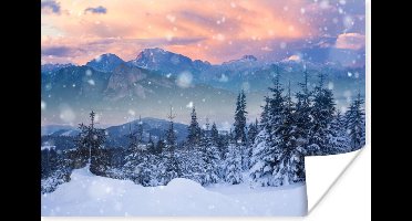 Poster Sneeuw - Lucht - Bos - Winter - 30x20 cm - Kerstmis Decoratie - Kerstversiering - Kerstdecoratie Woonkamer - Kerstversiering - Kerstdecoratie voor binnen - Kerstmis