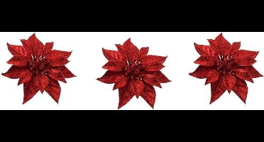 Cosy & Trendy Kerstboomversiering - 3x - bloem - op clip - rood - kerstster - 18 cm - kerstversieringen