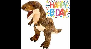 Pluche knuffel Dino T-rex 25 cm met grote A5-size Happy Birthday wenskaart - Verjaardag cadeau setje - Een knuffel sturen