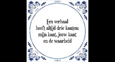 Tegeltje met Spreuk (Tegeltjeswijsheid): Een verhaal heeft altijd drie kanten; mijn kant, jouw kant en de waarheid + Kado verpakking & Plakhanger