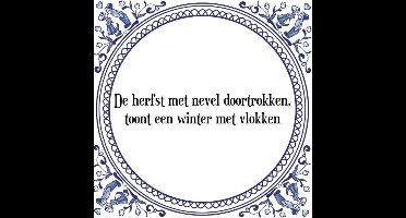 Tegeltje met Spreuk (Tegeltjeswijsheid): De herfst met nevel doortrokken, toont een winter met vlokken + Kado verpakking & Plakhanger