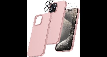 Hoesje Geschikt voor iPhone 15 Pro – Zacht siliconen liquid backcover met 2x screenprotector gehard glas en 1x lens protector – Pink Sand