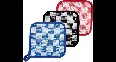 *** 3 Pannenlappen 17x17cm katoen Ruit - Bescherm je handen met stijl - Heble® Pannenlap 17x17cm katoen ruit rd/bl/zw - van Heble® ***