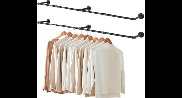 Industriële buis-kledingstangen, 180 cm, kledingrek voor aan de muur, ruimtebesparende wandplank, keukenplank met 4 planken, 2 stuks