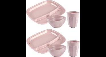 Plasticforte Camping Servies set 18 delig - kunststof - roze - 6x vakjesborden/6x drinkbekers/6x kommetjes - onbreekbaar
