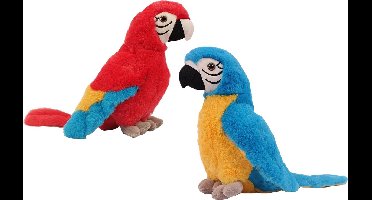 Pia Soft toys Knuffeldier Papegaaien - set 2x - zachte pluche stof - knuffels - blauw/rood - 24 cm