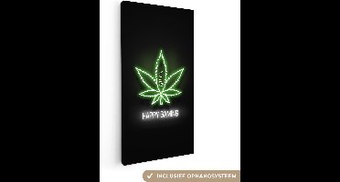 Canvas schilderij 20x40 cm - Wanddecoratie Gaming - Tekst - Neon - Happy gaming - Groen - Muurdecoratie game room - Gaming kamer decoratie - Gameroom accessoires - Schilderijen