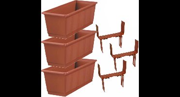 Set van 3 kunststof plantenbakken terracotta rechthoekig 40 cm met 6 verstelbare balkon/muurbeugels