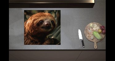 Inductieplaat Beschermer - Bruin luiaard in boom steunt zijn hoofd op blad - 57x55 cm - 2 mm Dik - Inductie Beschermer - Bescherming Inductiekookplaat - Kookplaat Beschermer van Wit Vinyl