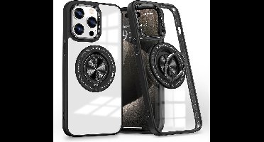 Hoesje Geschikt voor iPhone 15 Pro hoesje voor Magsafe Transparant hard case Zwart - kickstand Draaibare Ring Houder