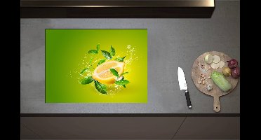 Inductieplaat Beschermer - Citroen en Groene Bladeren tegen Lichtgroene Achtergrond - 70x51 cm - 2 mm Dik - Inductie Beschermer - Bescherming Inductiekookplaat - Kookplaat Beschermer van Zwart Vinyl