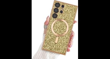 Hoesje Geschikt Voor Samsung Galaxy S23 Ultra Magsafe hoesje Goud - Lens beschermer glitter backcover