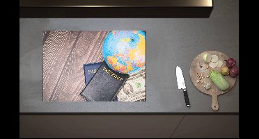 Inductieplaat Beschermer - Tafereel van Paspoorten bij Kleine Wereldbol - 70x52 cm - 2 mm Dik - Inductie Beschermer van Vinyl