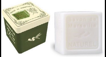 Metalen zeepblik vierkant met opdruk Savon de Marseille vert met zeepblok Naturel – Vintage voorraadblik – Franse handzeep – Marseille zeep Marseillezeep