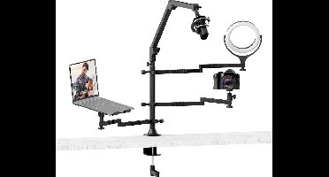 VIJIM LS21 Live Broadcast Stand met 4 armen en tafelklem - microfoon arm / monitor arm voor laptop+tablethouder / 2x losse arm / statiefkop — Zwart