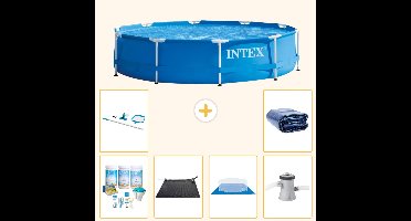 Intex Rond Frame Zwembad - 305 x 76 cm - Blauw - Inclusief Onderhoudspakket - Solar Mat - Grondzeil - Zwembadfilterpomp - Schoonmaakset - Solarzeil - 7-delig