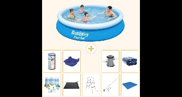 Bestway Rond Opblaasbaar Fast Set Zwembad - 366 x 76 cm - Blauw - Inclusief Onderhoudspakket - Solar Mat - Ladder - Schoonmaakset - Grondzeil - Filter - Voetenbad - Zwembadfilterpomp - Solarzeil - 10-delig