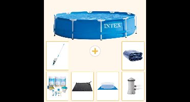 Intex Rond Frame Zwembad - 366 x 76 cm - Blauw - Inclusief Onderhoudspakket - Solar Mat - Grondzeil - Zwembadfilterpomp - Stofzuiger - Solarzeil - 7-delig