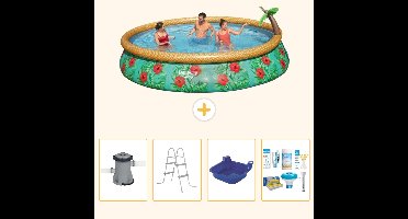 Bestway Rond Opblaasbaar Fast Set Zwembad - Paradijsprint - 457 x 84 cm - Inclusief Pomp - Ladder - Voetenbad - Onderhoudspakket - 5-delig