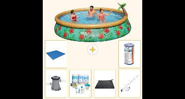 Bestway Rond Opblaasbaar Fast Set Zwembad - Paradijsprint - 457 x 84 cm - Inclusief Pomp - Onderhoudspakket - Solar Mat - Schoonmaakset - Grondzeil - Filter - 7-delig