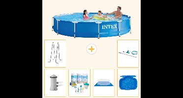 Intex Rond Frame Zwembad - 366 x 76 cm - Blauw - Inclusief Pomp - Onderhoudspakket - Grondzeil - Voetenbad - Ladder - Schoonmaakset - 7-delig