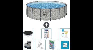 Bestway Rond Steel Pro MAX Zwembad - Steenprint - 488 x 122 cm - Inclusief Pomp - Ladder - Afdekzeil - Filter - Vloertegels - 8-delig