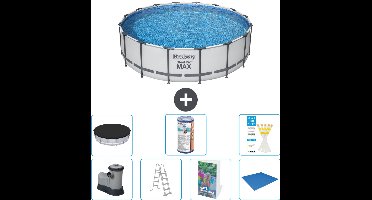 Bestway Rond Steel Pro MAX Zwembad - 488 x 122 cm - Grijs - Inclusief Pomp - Ladder - Afdekzeil - Filter - Grondzeil - 8-delig