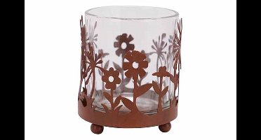 Theelichthouder Flowers Roest 7,5x7,5xh9 Cm Glas Metaal