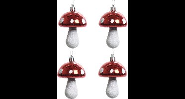 Decoris Kersthangers - 6x - rood - paddenstoelen - 7 cm - kerstversiering - Rode kerstversiering/boomversiering