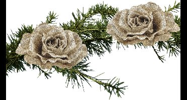 Kerstboom bloemen op clip- 2x stuks- champagne glitter- kunststof- 10 cm