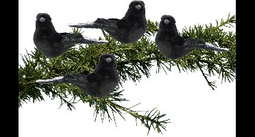 4x stuks kunststof decoratie vogels op clip zwart 12 cm - Decoratievogeltjes - Kerstboomversiering