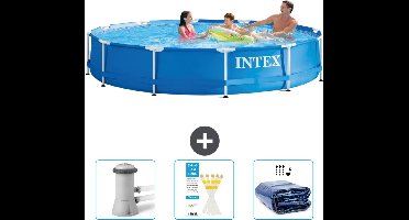 Intex Rond Frame Zwembad - 366 x 76 cm - Blauw - Inclusief Zwembadfilterpomp - Testrips - Solarzeil