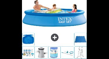Intex Rond Opblaasbaar Easy Set Zwembad - 305 x 61 cm - Blauw - Inclusief Onderhoudspakket - Zwembadfilterpomp - Filter - Schoonmaakset - Ladder - Voetenbad - Vloertegels