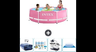 Intex Rond Frame Zwembad - 244 x 76 cm - Roze - Inclusief Solarzeil - Onderhoudspakket - Zwembadfilterpomp - Grondzeil