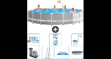 Intex Rond Prism Frame Zwembad - 610 x 132 cm - Grijs - Inclusief Pomp - Ladder - Grondzeil - Afdekzeil Onderhoudspakket - Filter - Skimmer