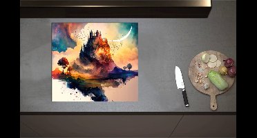 Inductieplaat Beschermer - Aquerelverf Tekening van Kasteel op Berg - 60x55 cm - 2 mm Dik - Inductie Beschermer - Bescherming Inductiekookplaat - Kookplaat Beschermer van Zwart Vinyl