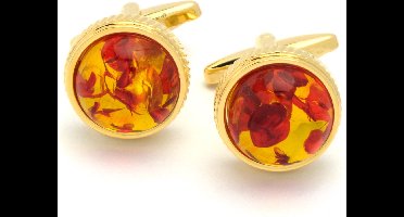 Manchetknopen - Goud Rond met Rood en Witte Steen