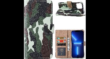 Hoesje Geschikt voor iPhone 13 Hoesje Camouflage Legerprint - Hoesje Geschikt voor iPhone 13 Boek Hoesje / Portemonnee cover - Camouflage Hoesje Geschikt voor iPhone 13 6.1